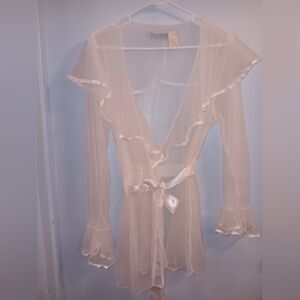SeductiveWear By Cinema Vintage Sheer White Ruffle Robe Long Sleeves Ties Size M